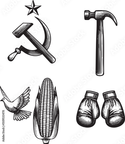 stark black and white features a hammer and sickle a star boxing gloves corn and a .