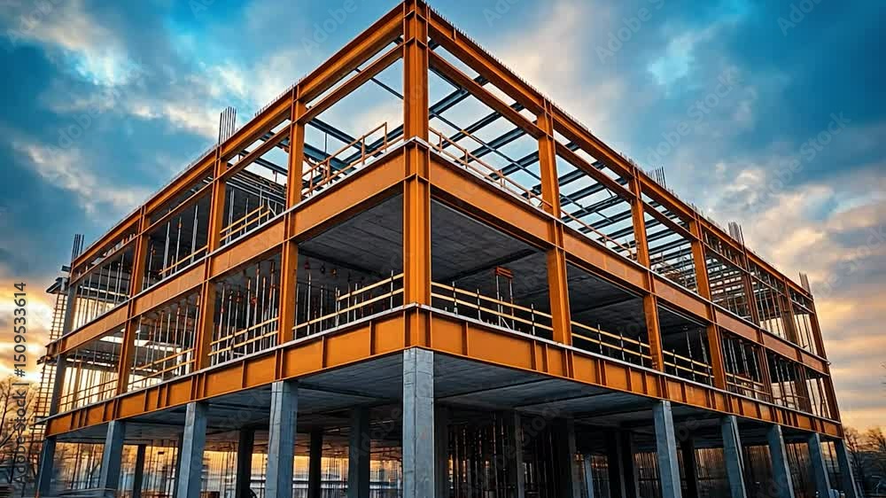 Orange-framed office building under construction at sunset