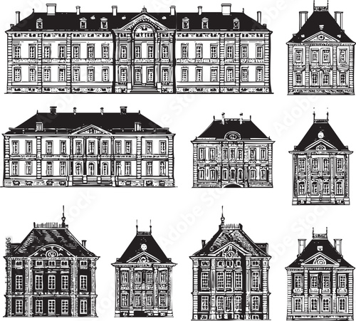 Nine black and white architectural drawings of stately buildings.
