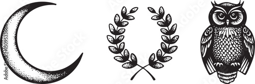 moon laurel wreath and owl are depicted in a monochrome .