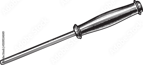 silver sharpening tool rests on a dark surface.