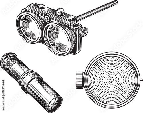 Vintage binoculars and a monocular are depicted in detailed black and white .