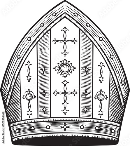 detailed black and white of a bishop’s mitre.
