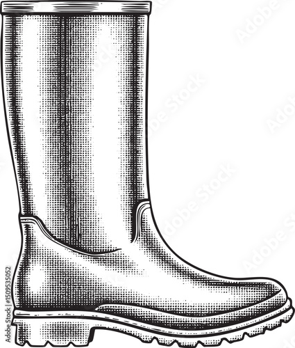 sturdy black rubber boot stands upright on a white background.