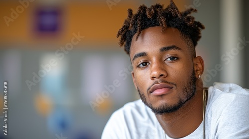 Young man portrait, serious expression, indoor setting, blurred background, profile image