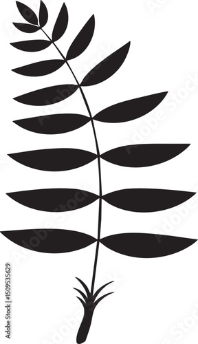 black and white silhouette of a fern frond rises from a small base.