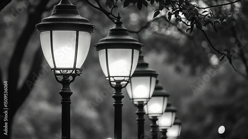 Park street lamps at night, black and white, trees in background