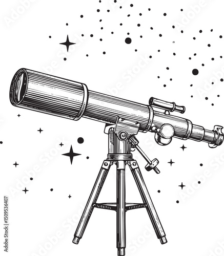 vintage telescope rests on a sturdy tripod gazing upwards toward a starry night sky.