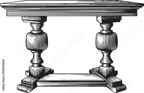 detailed black and white of a classical table with ornate legs.