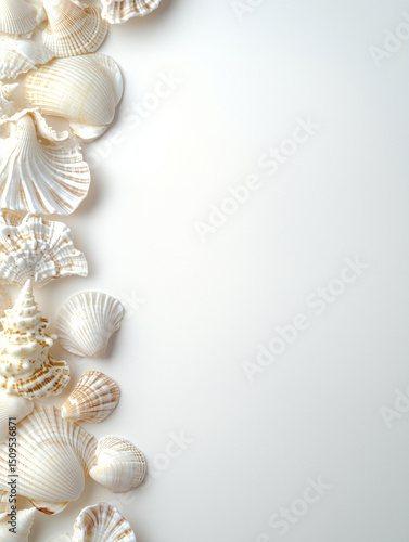 A decorative border with elegant seashells arranged along the left side of a neutral background. Delicate textures and natural hues create a calming, coastal aesthetic perfect for minimalist designs.
