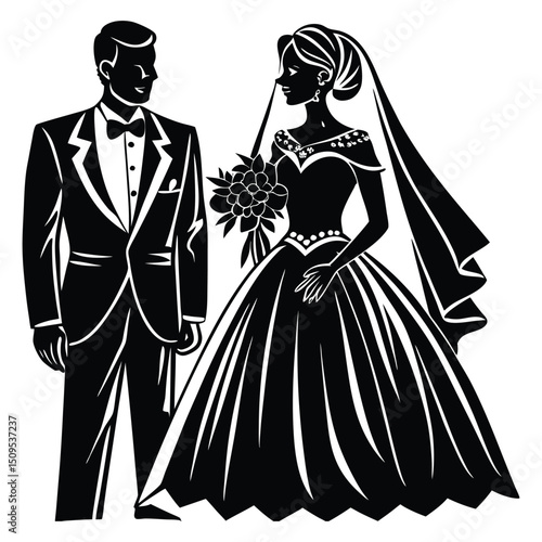 A bride and groom black and white silhouettes vector,
