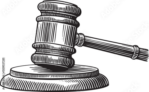 black gavel rests on a circular wooden base.