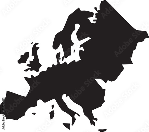 stark black silhouette of the European continent outlines its geographical boundaries.