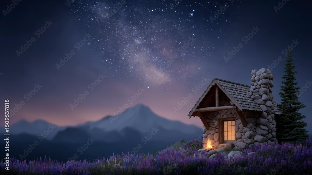 Fototapeta premium Serene Nighttime Cabin Starry Sky Mountain View Campfire Lavender Field