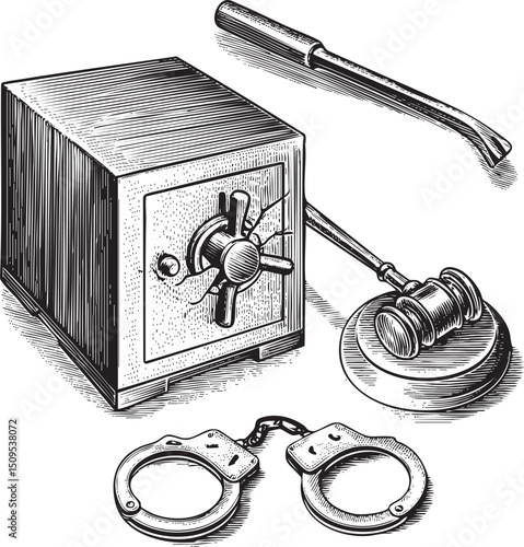 vintage-style depicts a heavy safe a metal pry bar and a pair of handcuffs.