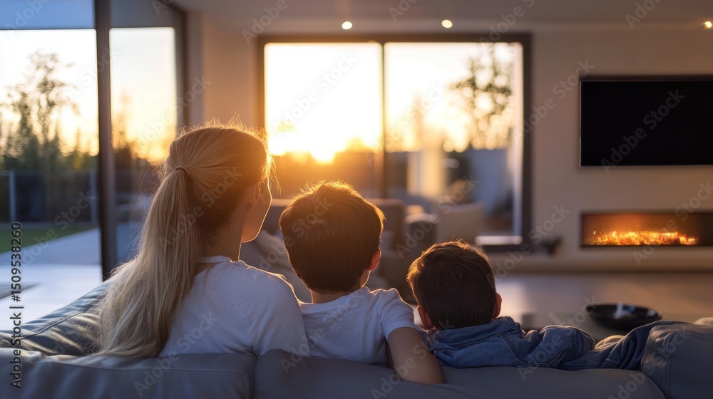 Family watching sunset from modern home living room Family watching sunset from modern home living room