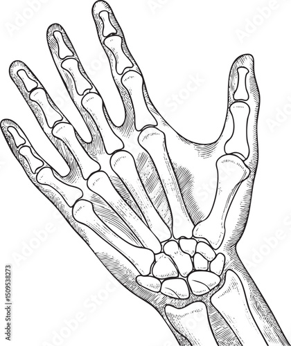 detailed showcases the skeletal structure of a human hand.