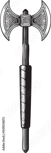 black head with a double-bladed is held vertically on a wooden shaft.