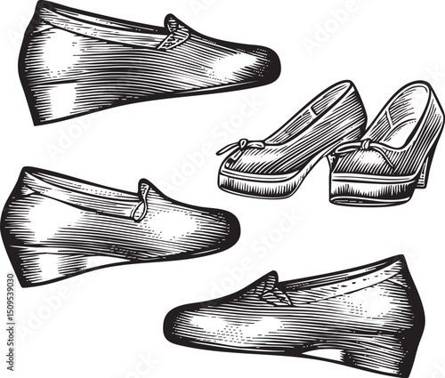 Three distinct shoes are depicted in a detailed black and white engraving.