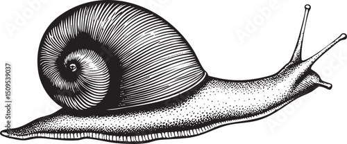 detailed black and white depicts a snail moving along a smooth surface.