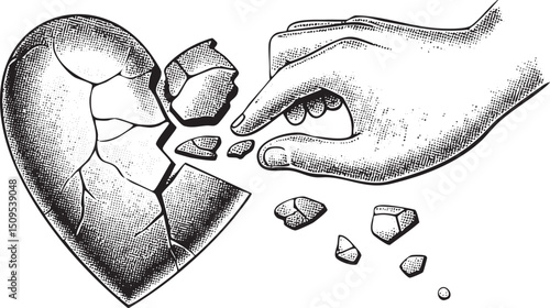 Two hands gather shattered pieces of a fractured heart.