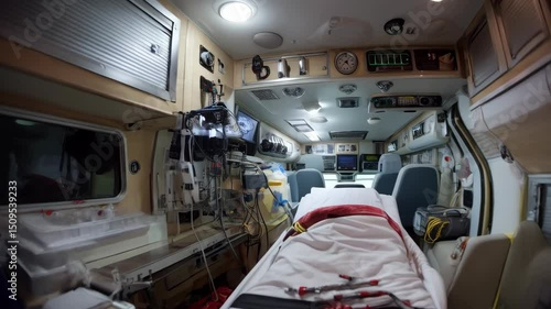 Interior view inside an emergency ambulance showcasing medical equipment, monitors, stretcher, and seats ready for transporting patients.