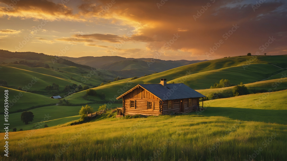 Serene log cabin nestled in rolling hills at golden hour Serene log cabin nestled in rolling hills at golden hour