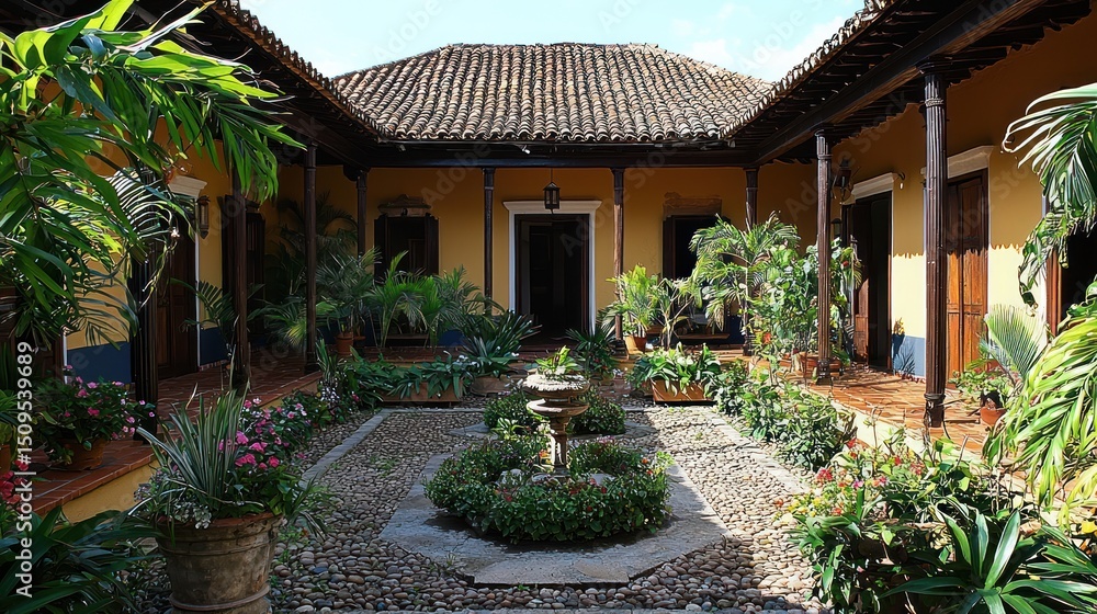 Fototapeta premium Colonial courtyard garden, sunny day, vibrant plants, peaceful scene, possible use for travel/tourism