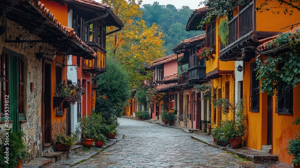 Fototapeta premium Colorful Autumn Street in a Mountain Village