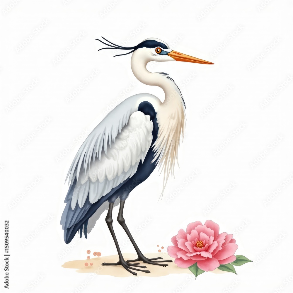 Graceful heron bird with dark pink peony flower and green leaves, elegant watercolor botanical wildlife illustration Graceful heron bird with dark pink peony flower and green leaves, elegant watercolor botanical wildlife illustration