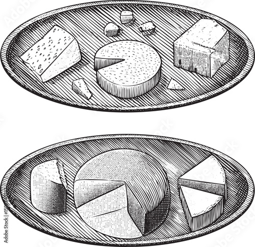 selection of assorted cheeses rests on a decorative oval platter.