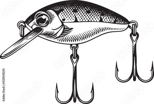 detailed fishing lure with hooks and a prominent eye.
