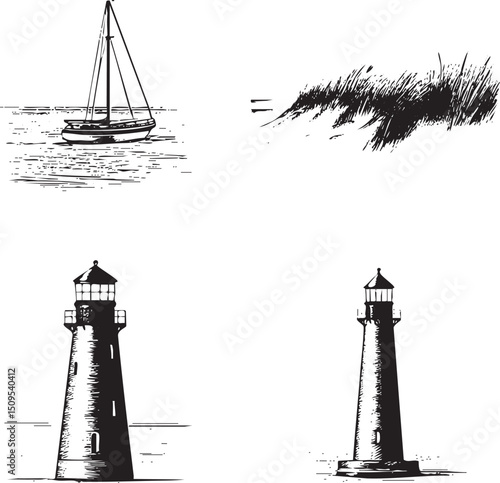Two lighthouses stand on a shoreline with a sailboat gliding across the water.