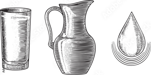 vintage pitcher of water sits beside a clear glass and a single droplet.