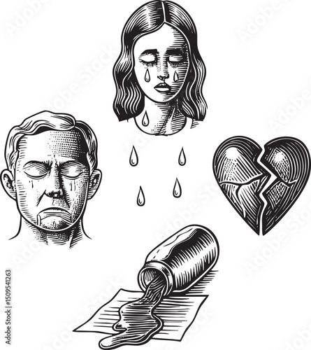 grayscale depicts a man and woman grieving over themes of sorrow and loss.