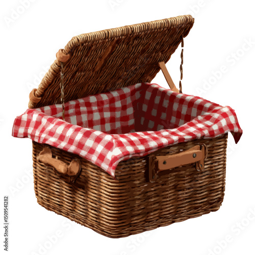 A woven picnic basket with an open lid and a red and white checkered cloth lining inside the basket shown on transparent background