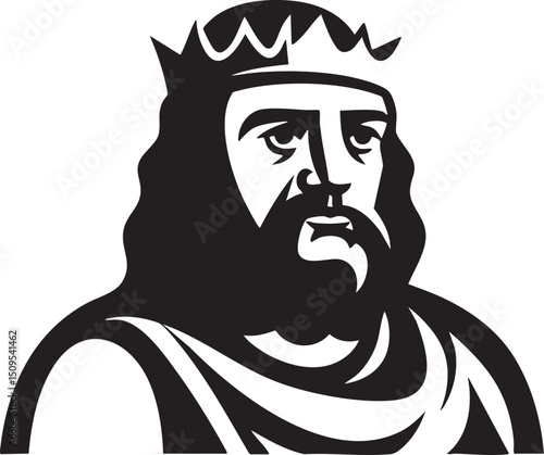 regal king with a beard and crown stands in profile.