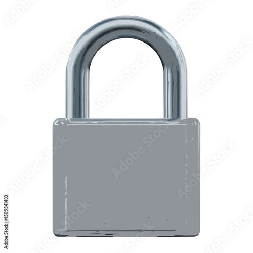 A close up of a gray metal padlock with a curved shackle against a plain white background in studio lighting on transparent background