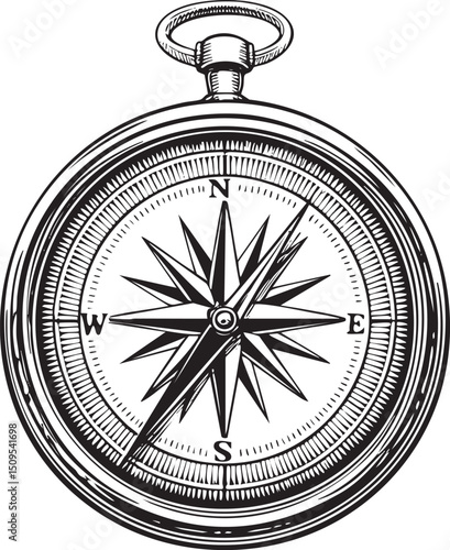 vintage pocket compass points towards the north featuring a detailed rose and directional markings.