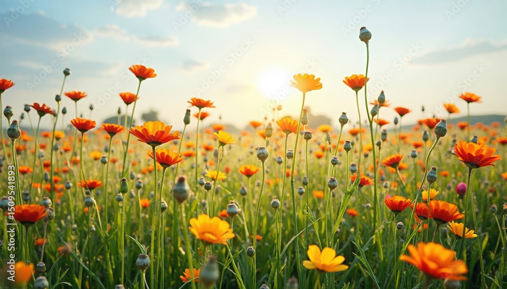 Warm sunlight illuminates a field of vibrant orange and yellow wildflowers in dreamy focus. Warm sunlight illuminates a field of vibrant orange and yellow wildflowers in dreamy focus.