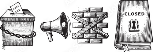 Three symbolic items represent censorship and restricted information.