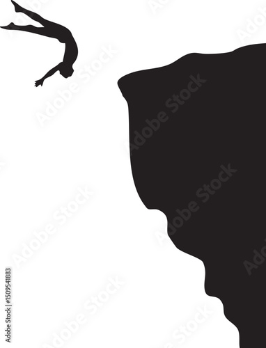 silhouetted figure plunges toward a shadowed cliff edge.