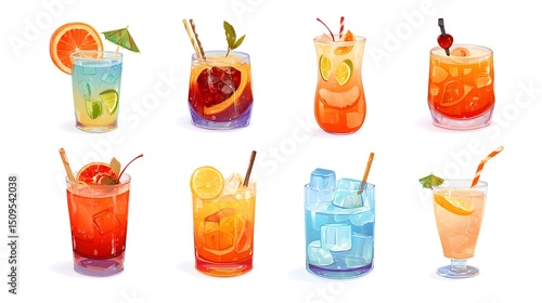 Illustration of eight colorful cocktails with various garnishes on a white background art style