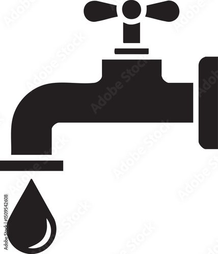 black faucet releases a single drop of water.