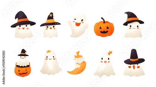 Wallpaper Mural Illustration of halloween themed elements including cute ghosts and pumpkins on a white background Torontodigital.ca