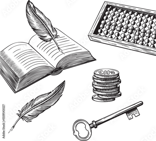 detailed showcases a book quill and antique key alongside a counting box.