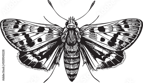 detailed black and white moth rests on a delicate wing.