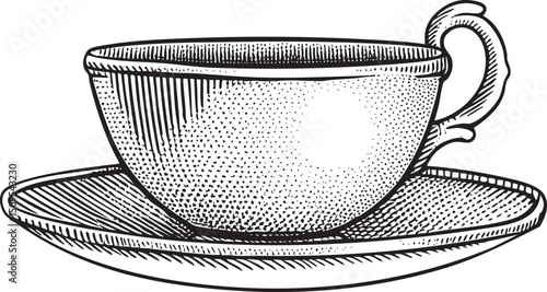 simple ceramic cup rests on a circular saucer.