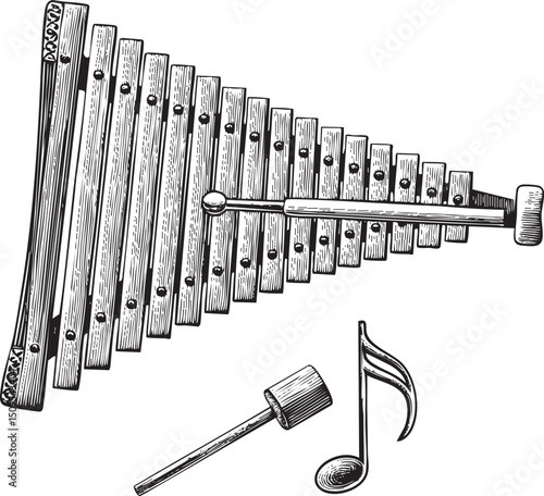 wooden xylophone rests on a surface with musical notes.