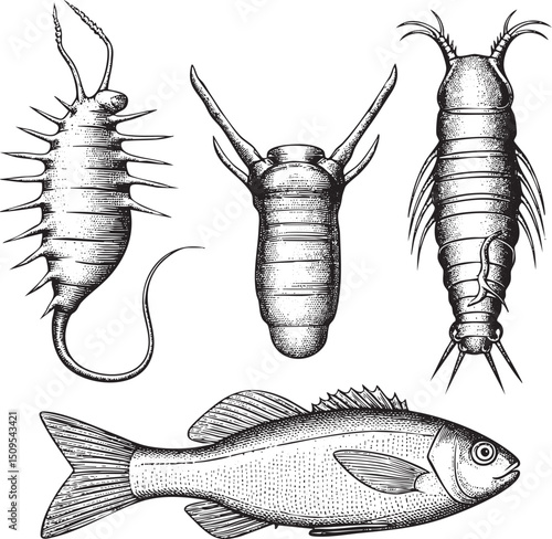 Three marine invertebrates and a fish are depicted in a detailed black and white engraving.